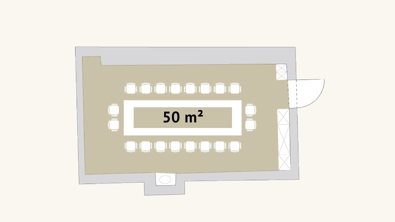 Grundriss eines 50 m² großen Konferenzraums mit rechteckigem Tisch und 20 Stühlen.